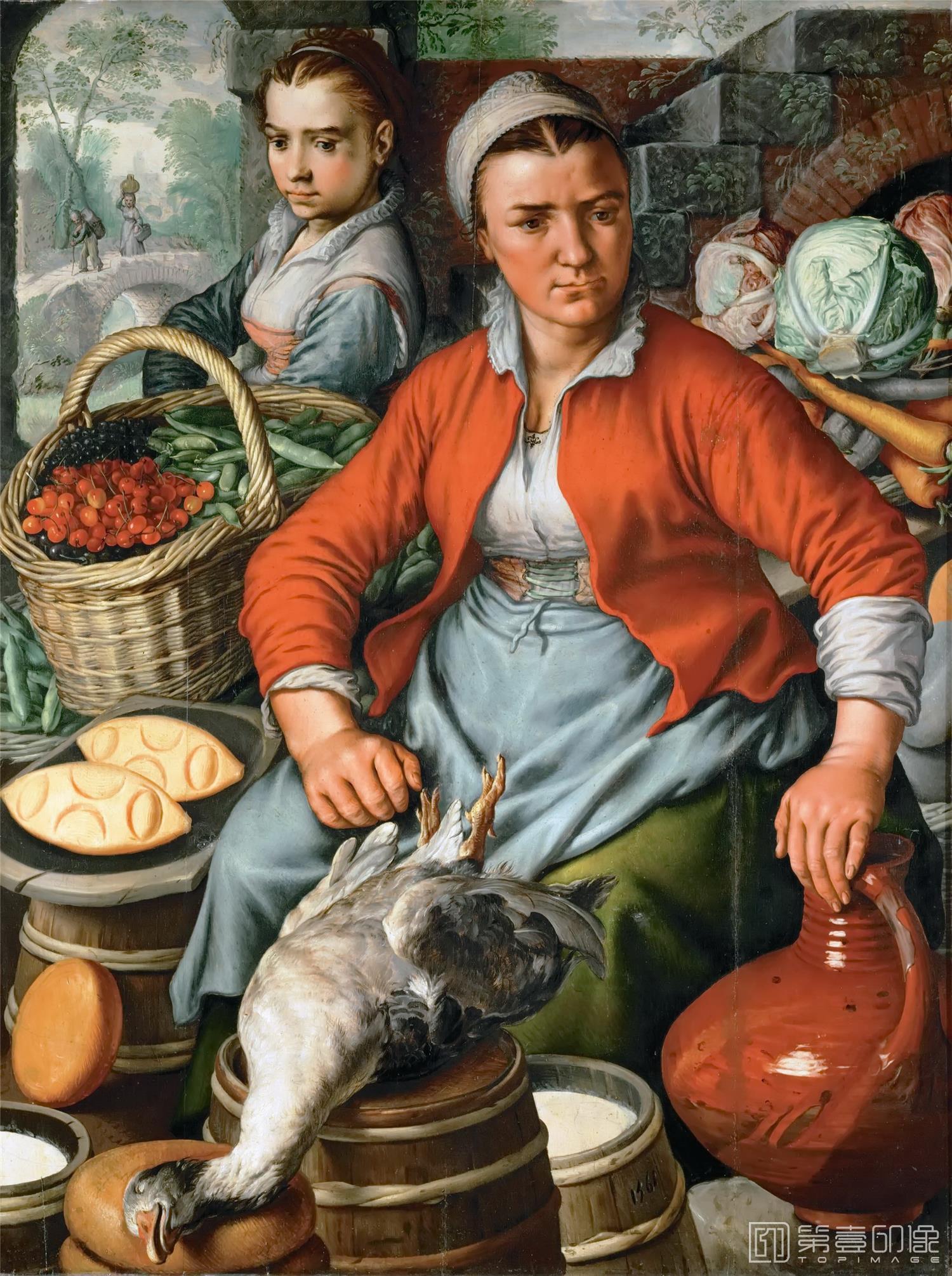油画-奥地利维也纳艺术史博物馆-Joachim Beuckelaerc. Farm Woman at the Market-457